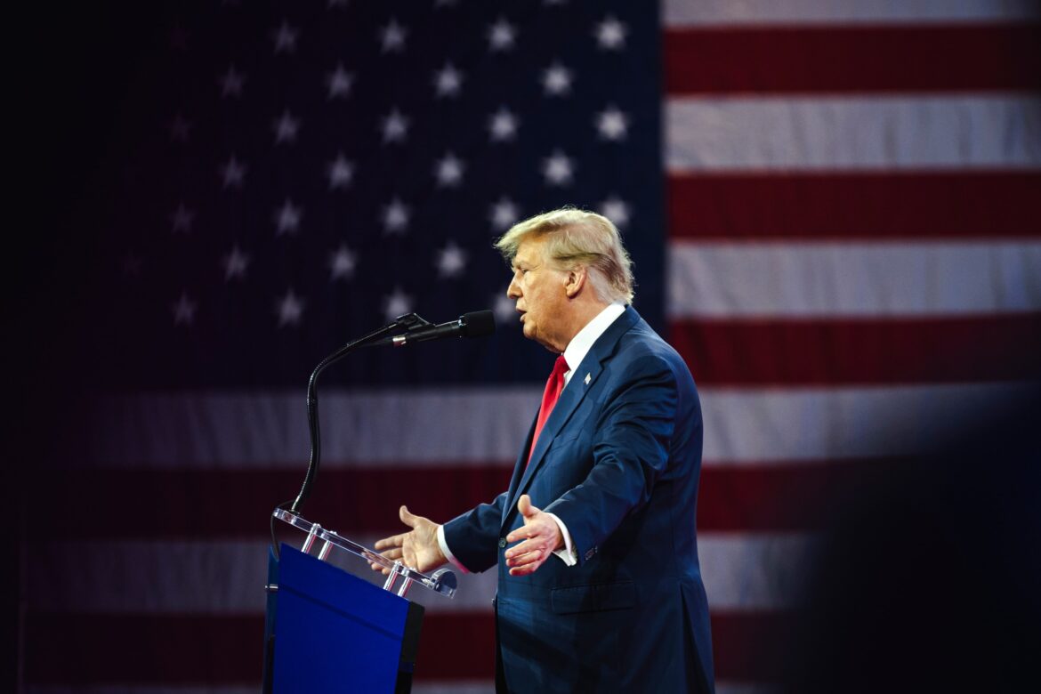 Donald Trump speaks at an event about his plan for defeating current President Joe Biden in November.