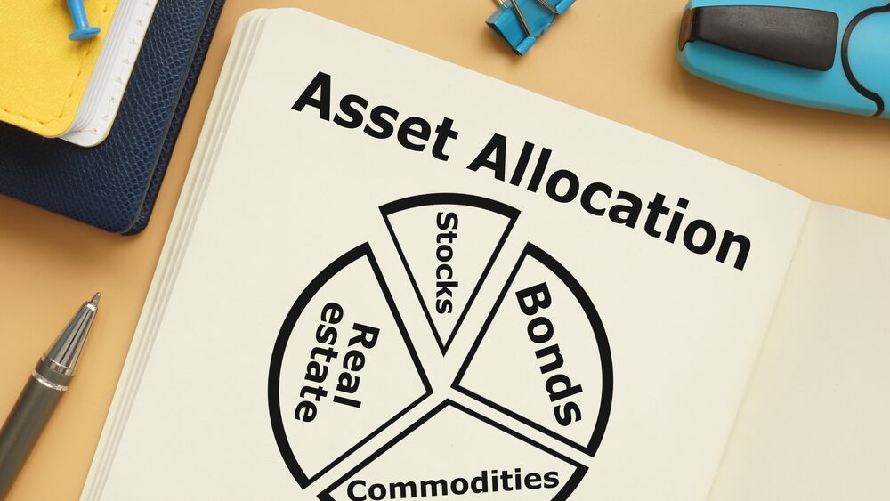 Asset allocation represented by a pie chart, written stocks, real estate, bonds and commodities on it