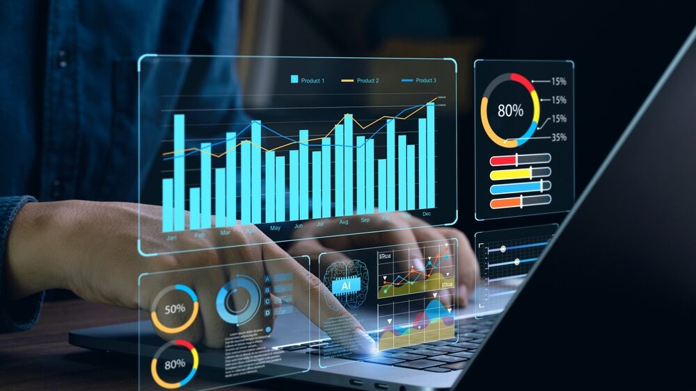 close up of a virtual data hovering over laptop's keyboard while person typing, Representation of Data Processing and Analysis 