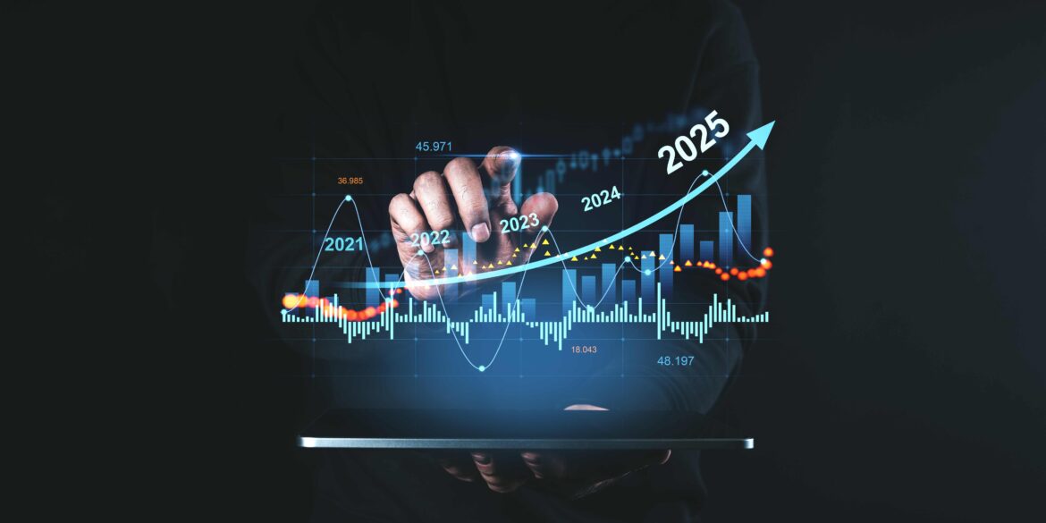 A hand interacting with futuristic financial charts for 2025 on a digital screen. Dark background. Concept of future market forecast and growth trends